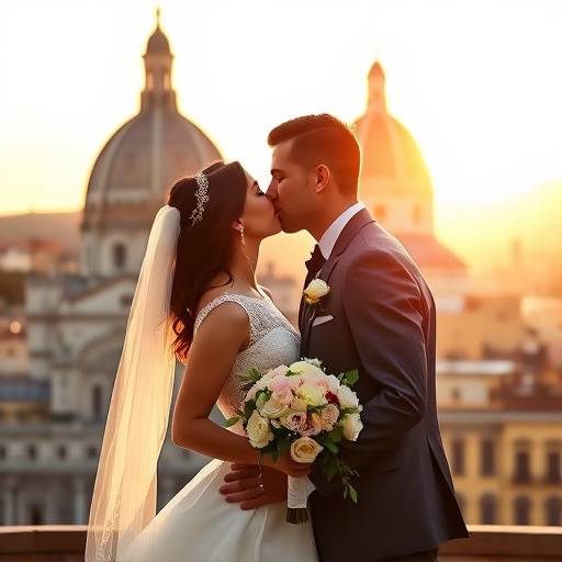 Fotografia di un matrimonio a Firenze con gli sposi che si baciano davanti al Duomo.
