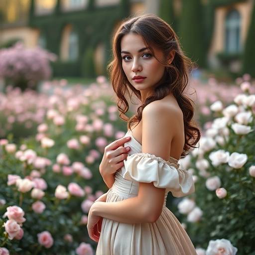 Ritratto di una giovane donna con un vestito elegante, posando in un giardino fiorito vicino a Villa Bardini.