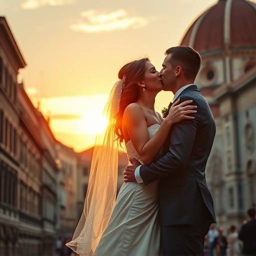 Sposi che si baciano appassionatamente con la cattedrale di Firenze sullo sfondo, fotografati durante il loro matrimonio.