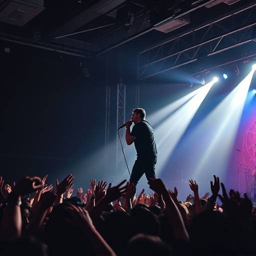 Un fotografo che cattura l'energia di un concerto rock, con il cantante che si esibisce sul palco, luci stroboscopiche e una folla entusiasta che alza le mani.