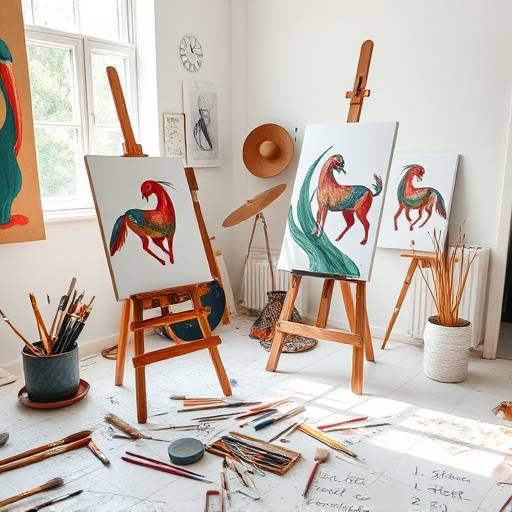 Un ritratto di un artista mentre dipinge un quadro nel suo studio, con pennelli, tele e colori sparsi intorno, catturando il processo creativo.