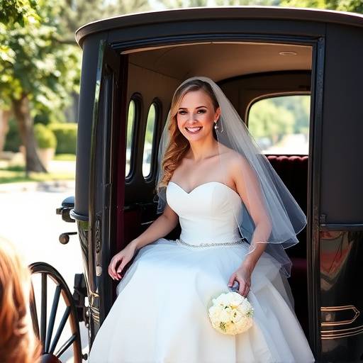Una sposa che scende da una carrozza trainata da cavalli bianchi, con un lungo velo e un sorriso radioso, immortalata nel giorno del suo matrimonio.